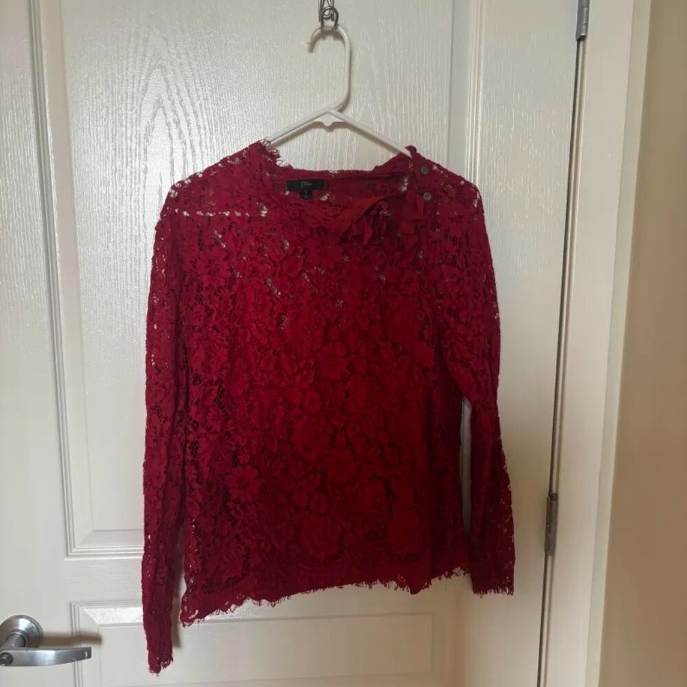 J. Crew Red Lace Top with bow. Long sleeves